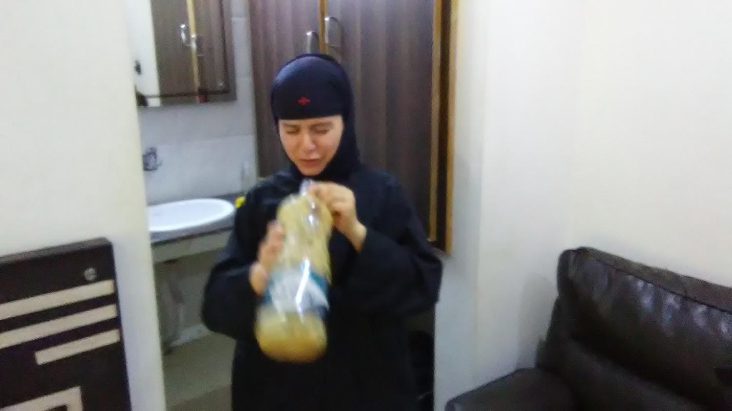 Sr. Paraskevi forcing herself to drink instant coffee without sugar or creamer
