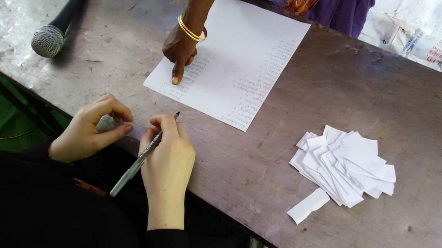 An Indian woman selecting her baptismal name